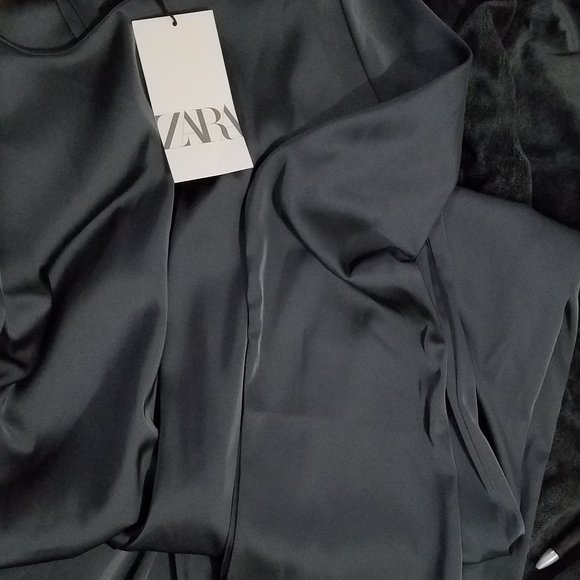 NWT SATIN Effect DARK CHARCOAL GRAY Long Sleeve Midi Dress - Picture 11 of 12